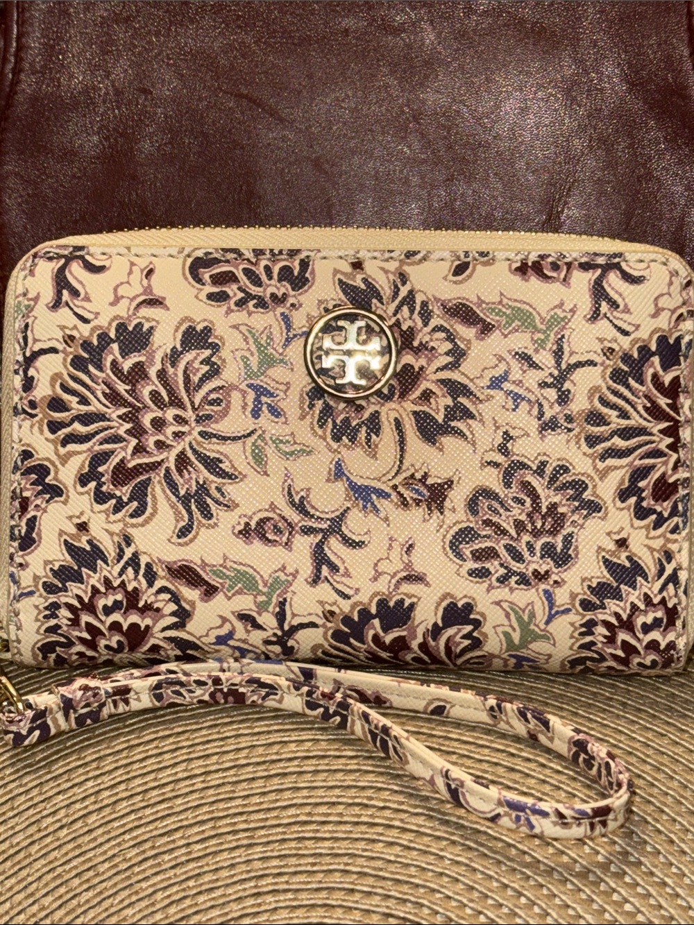 Tory Burch Floral Zip Wristlet in Cream, Burgundy and Navy - Picture 2 of 9